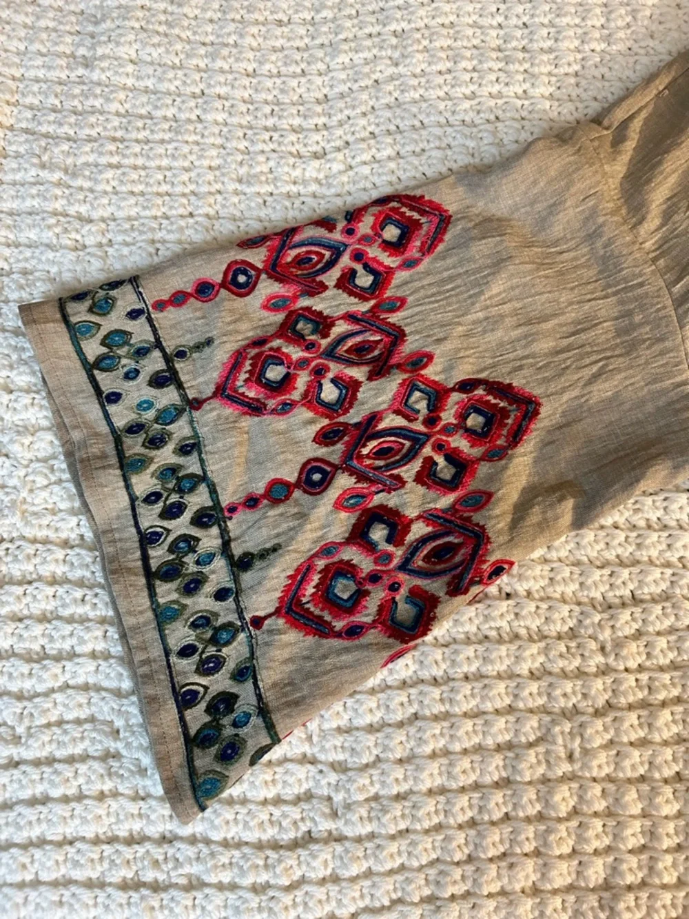 V-Neck Tie-Front Embroidered Sleeve Blouse - Beige with Red & Teal Embroidery